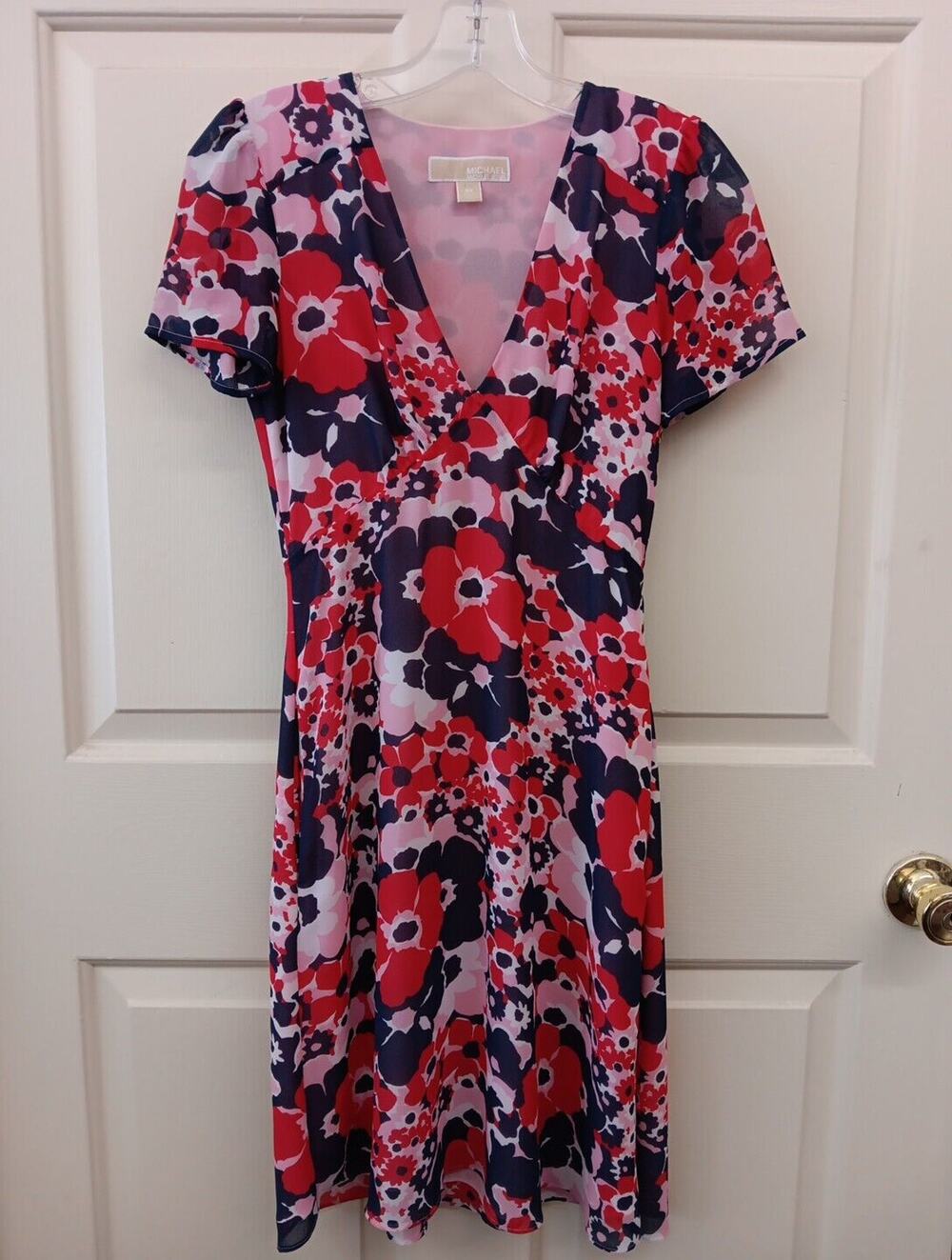 Michael Kors Floral Georgette Fit And Flare Dress Size 00 Lined Red/Pink/Blue